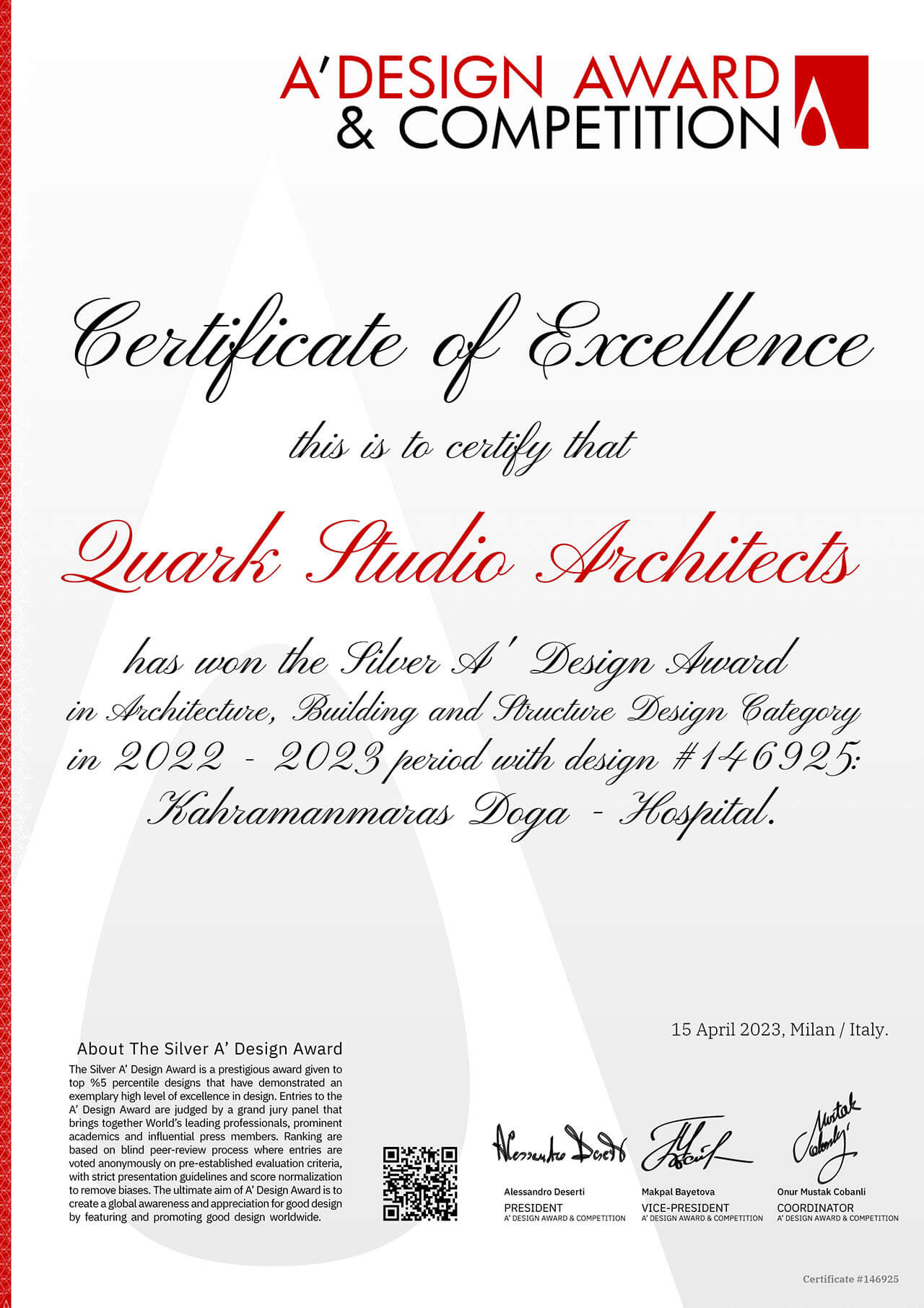 Certificate Award Kahramanmaraş HG Hospital