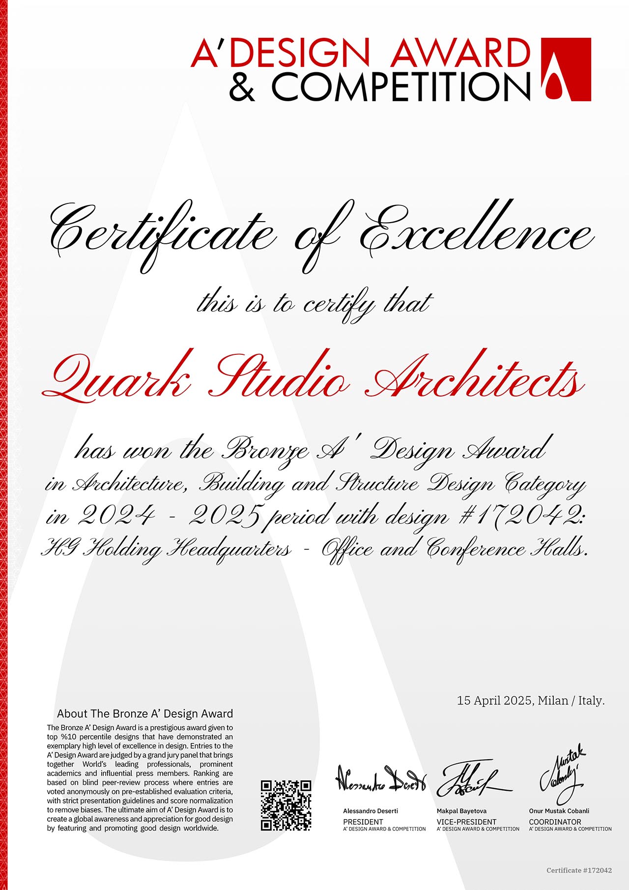 A' design award HG Holding Administration Building